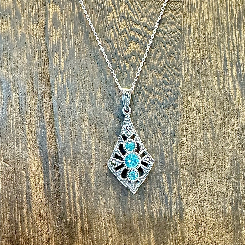 Vintage Sterling Silver Crystal Marcasite Pendant Necklace (18”/4.5g)